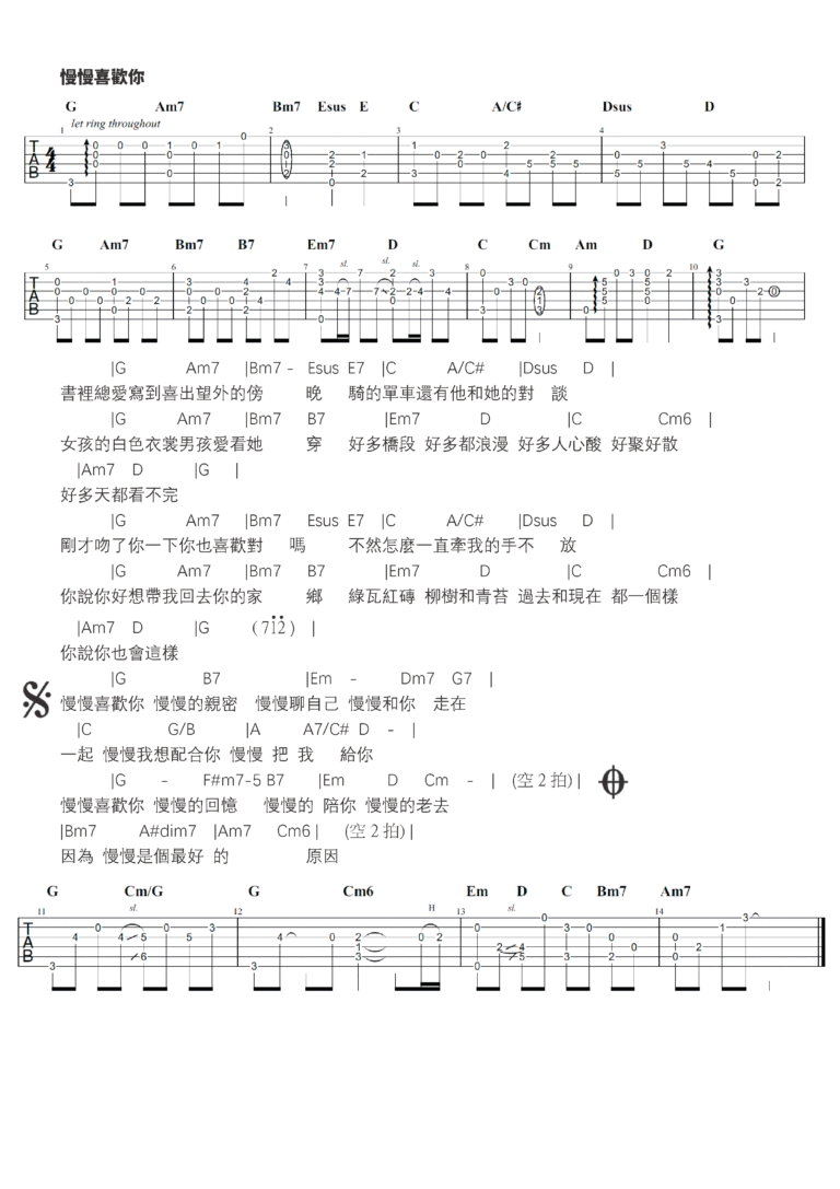 慢慢喜歡你 吉他譜